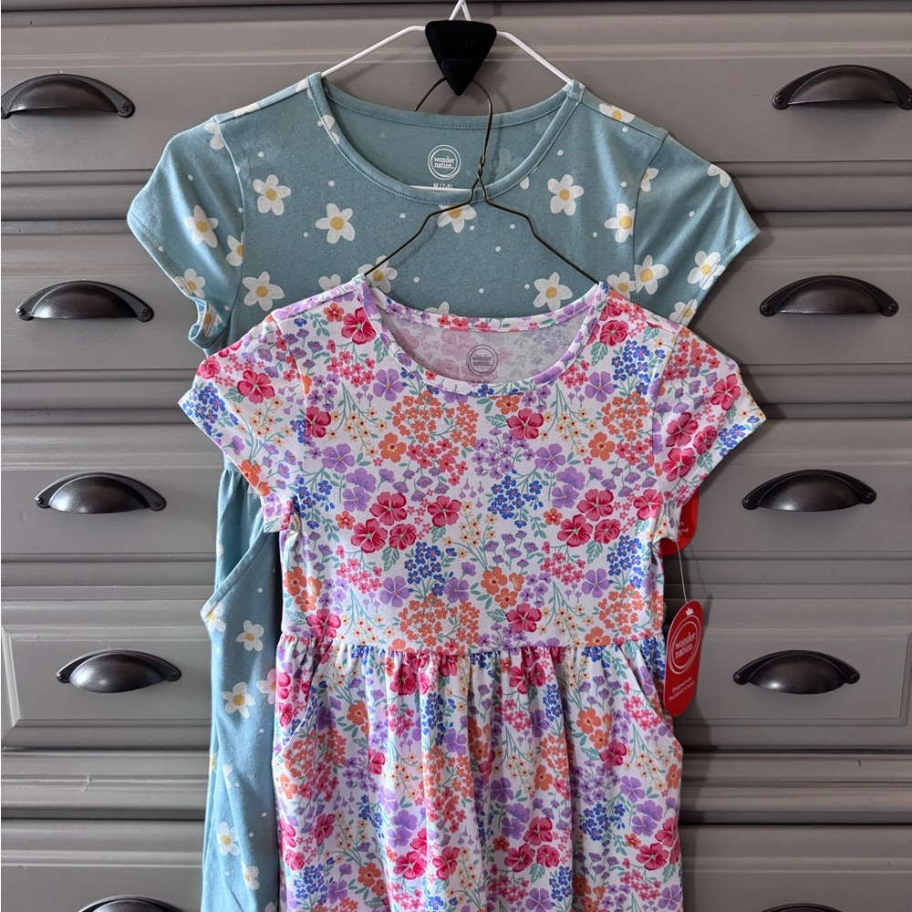 Girls Floral Short Sleeve Dress Bundle - Multicolor & Dusty Blue Daisy